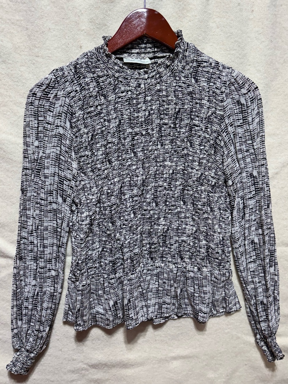 InWear Copenhagen 1969 Smocked High Neck Blouse Black & Cream Long Sleeve sm/m